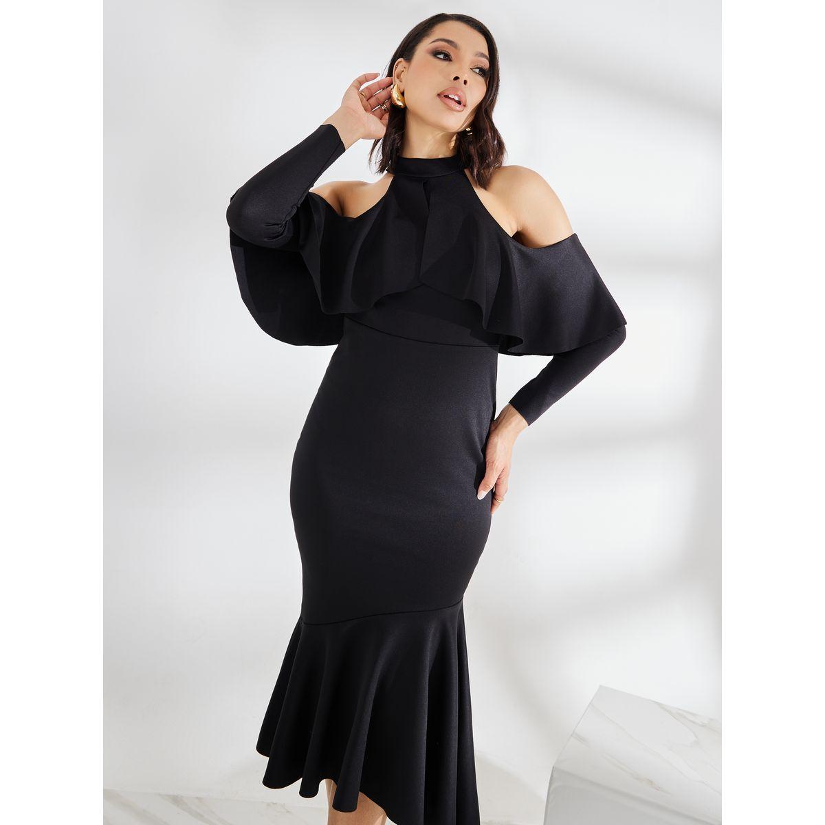 Styli Cold Shoulder Sleeve Ruffled Bodycon Midi Dress-women-clothing-dresses-image-2
