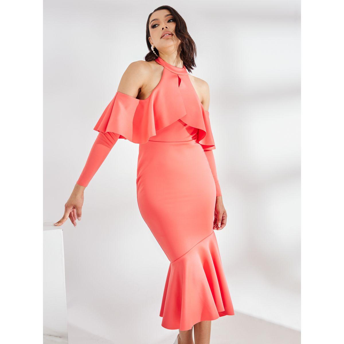 Styli Cold Shoulder Sleeve Ruffled Bodycon Midi Dress-women-clothing-dresses-image-1