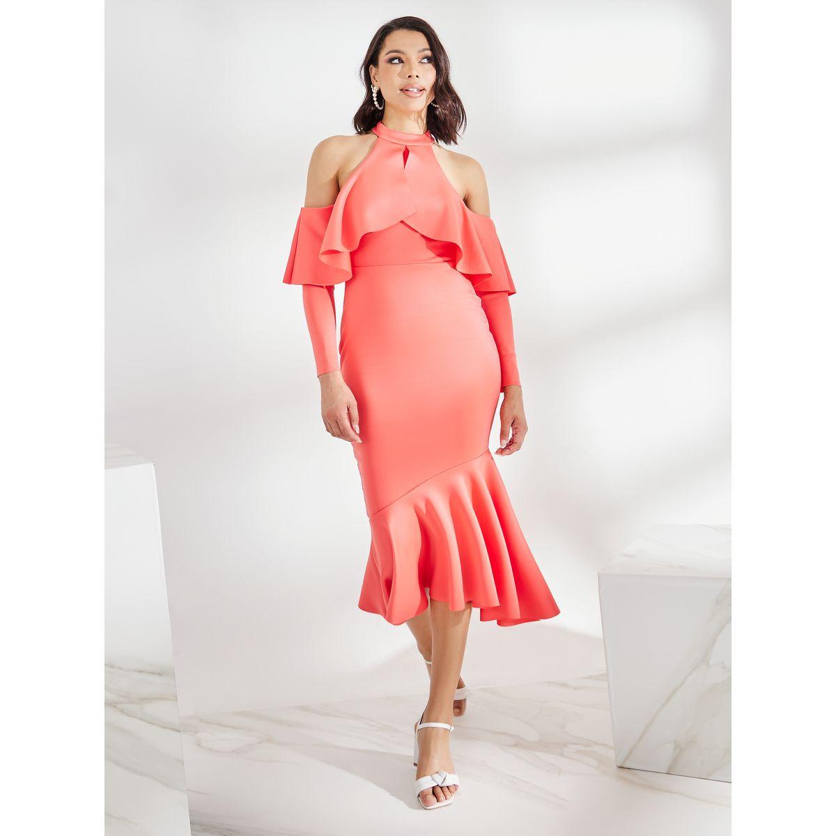 Styli Cold Shoulder Sleeve Ruffled Bodycon Midi Dress-women-clothing-dresses-image-2