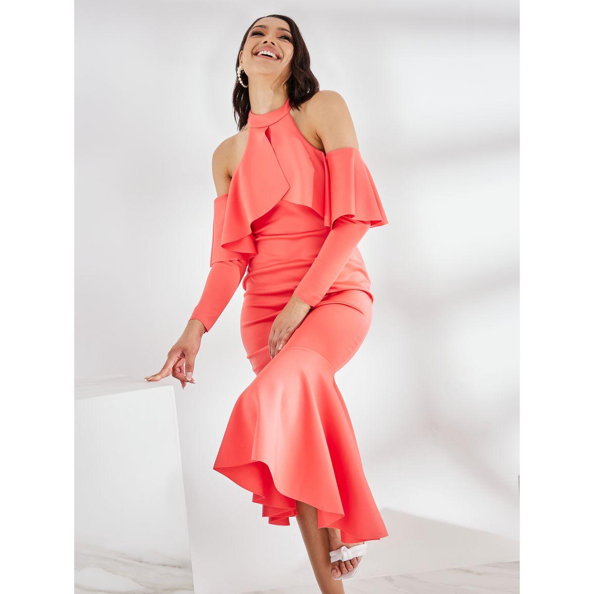 Styli Cold Shoulder Sleeve Ruffled Bodycon Midi Dress-women-clothing-dresses-image-3