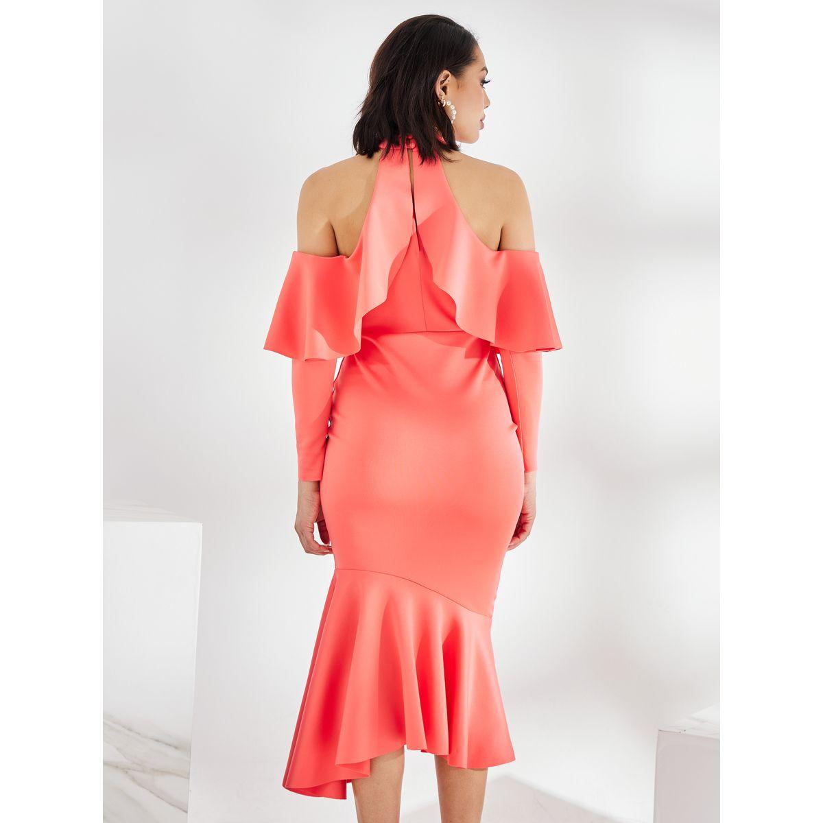 Styli Cold Shoulder Sleeve Ruffled Bodycon Midi Dress-women-clothing-dresses-image-5