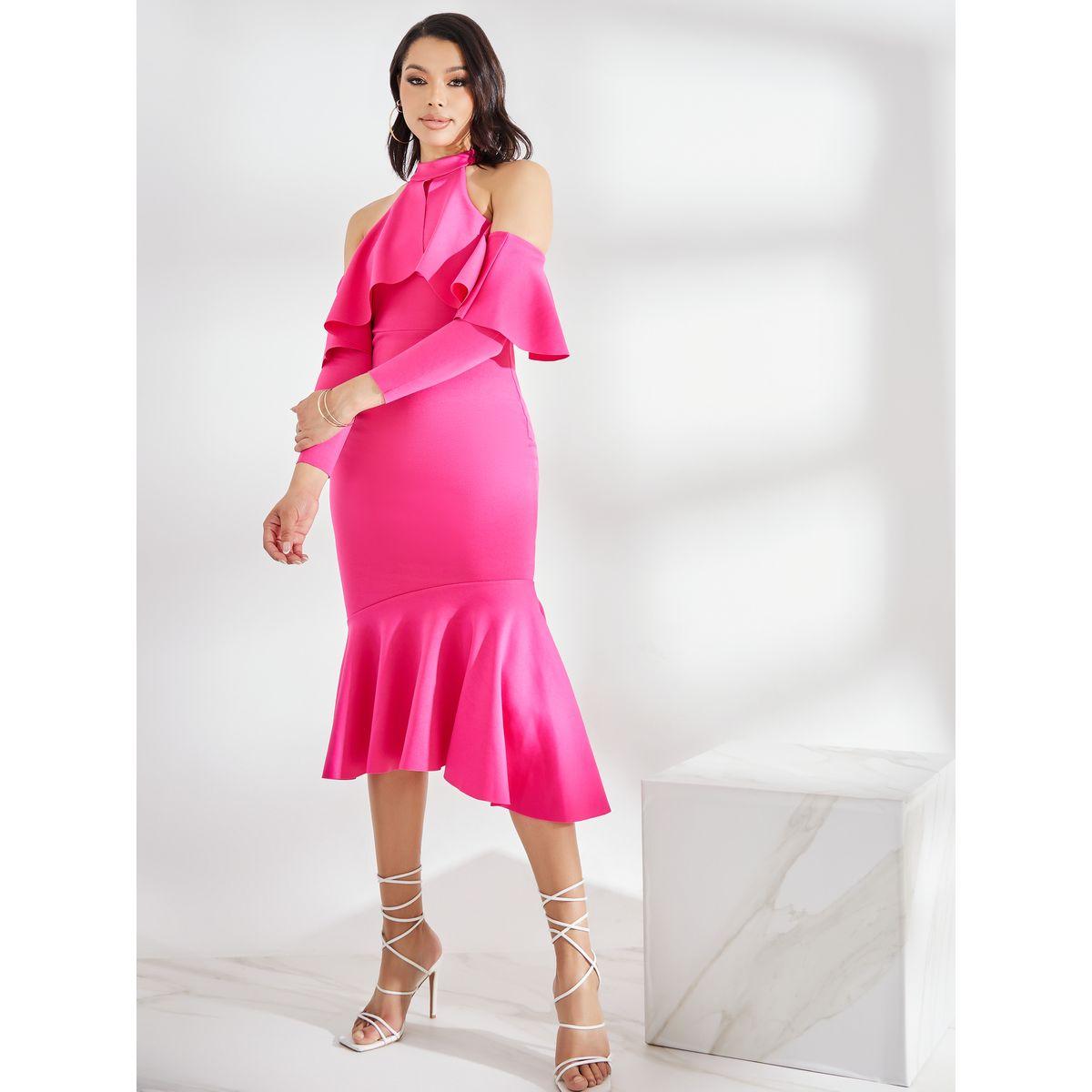 Styli Cold Shoulder Sleeve Ruffled Bodycon Midi Dress-women-clothing-dresses-image-2