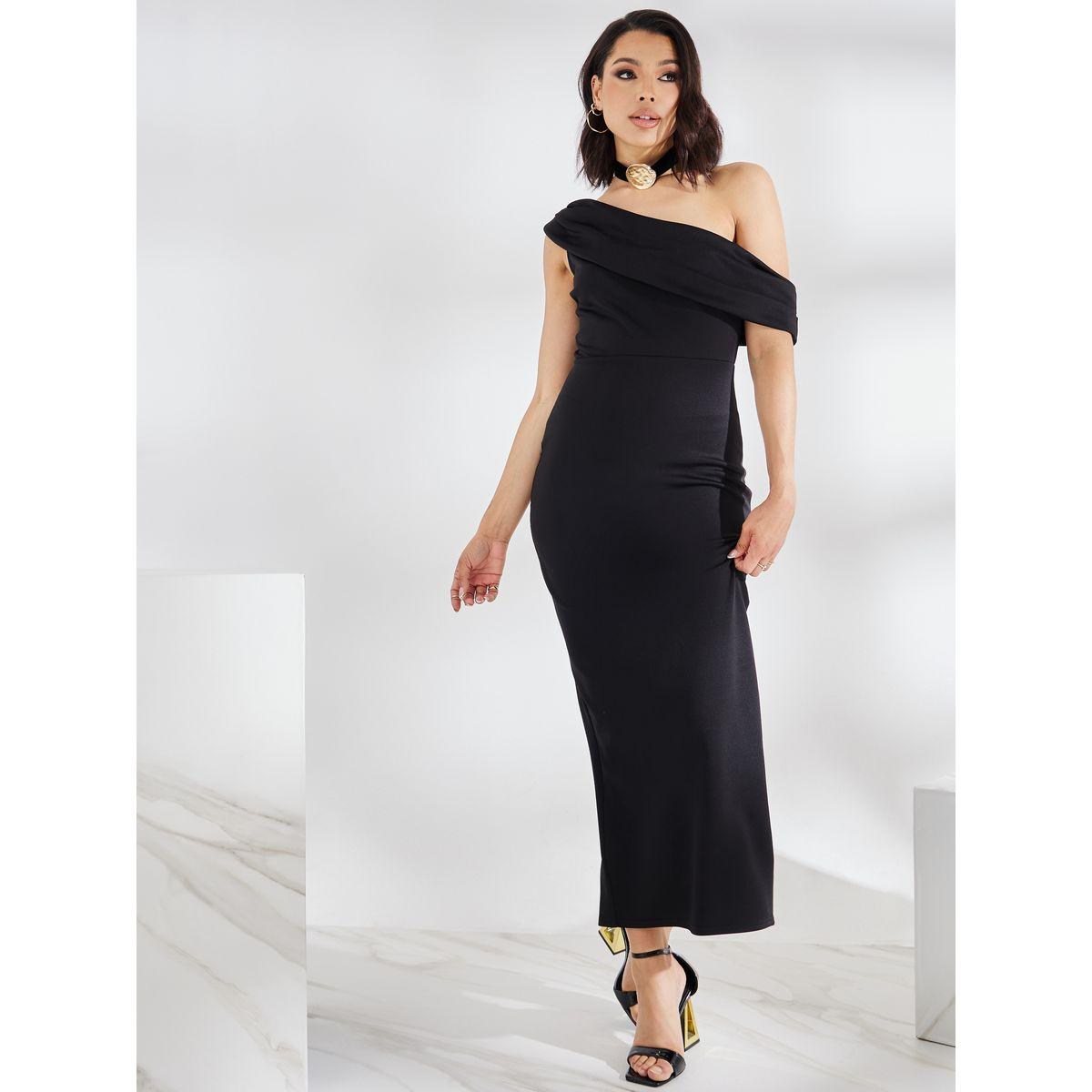 Styli Asymmetric Neck Bodycon Maxi Dress with Back Slit-women-clothing-dresses-image-1