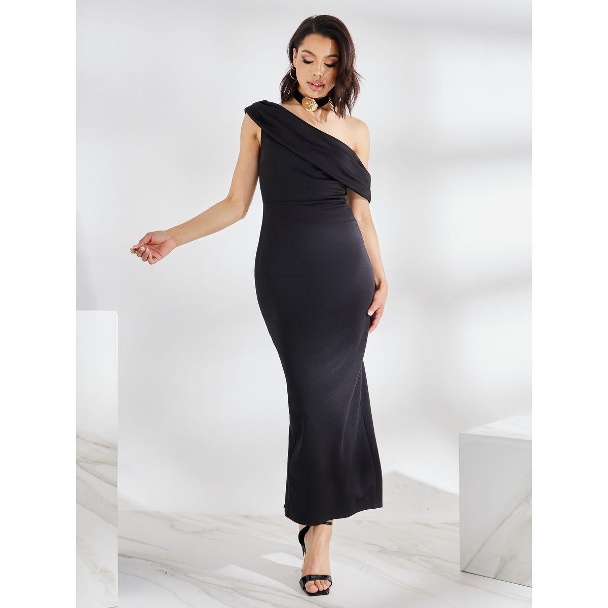 Styli Asymmetric Neck Bodycon Maxi Dress with Back Slit-women-clothing-dresses-image-3