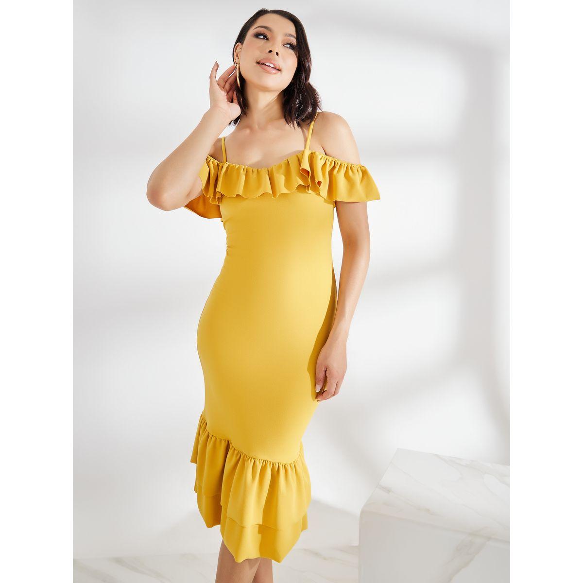 Styli Cold Shoulder Ruffled Edge Bodycon Midi Dress-women-clothing-dresses-image-1