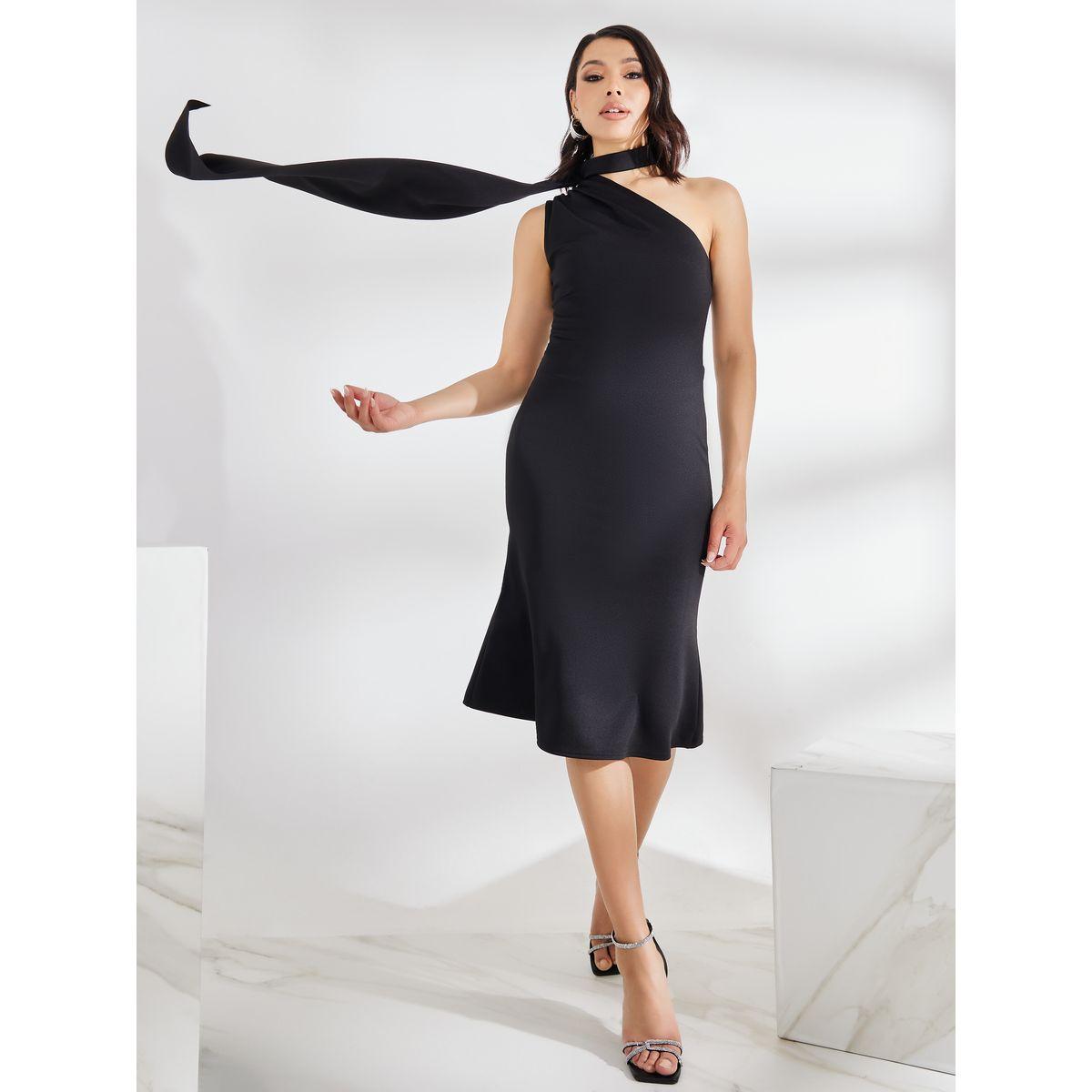 Styli Asymmetric Scarf Neck Textured Midi Dress-women-clothing-dresses-image-1