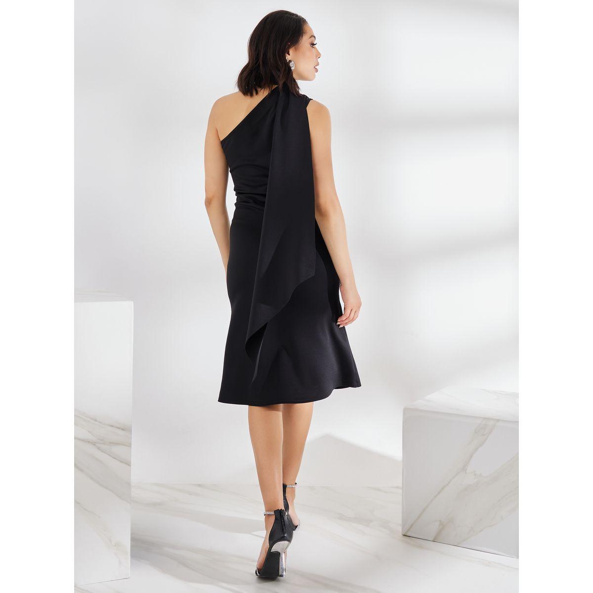 Styli Asymmetric Scarf Neck Textured Midi Dress-women-clothing-dresses-image-5
