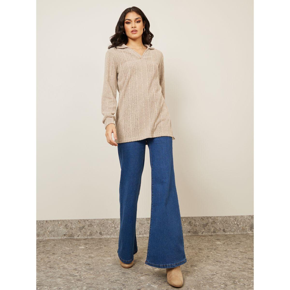 Styli Oversized Brushed Rib Collared Neck Longline Polo T-Shirt-women-clothing-tshirts-image-1