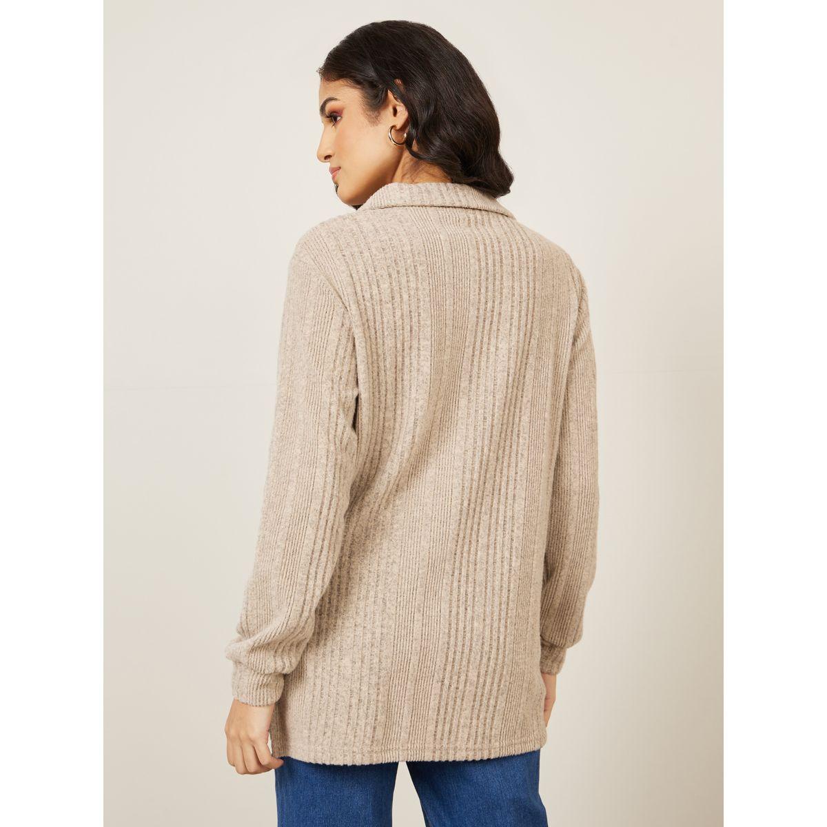 Styli Oversized Brushed Rib Collared Neck Longline Polo T-Shirt-women-clothing-tshirts-image-4