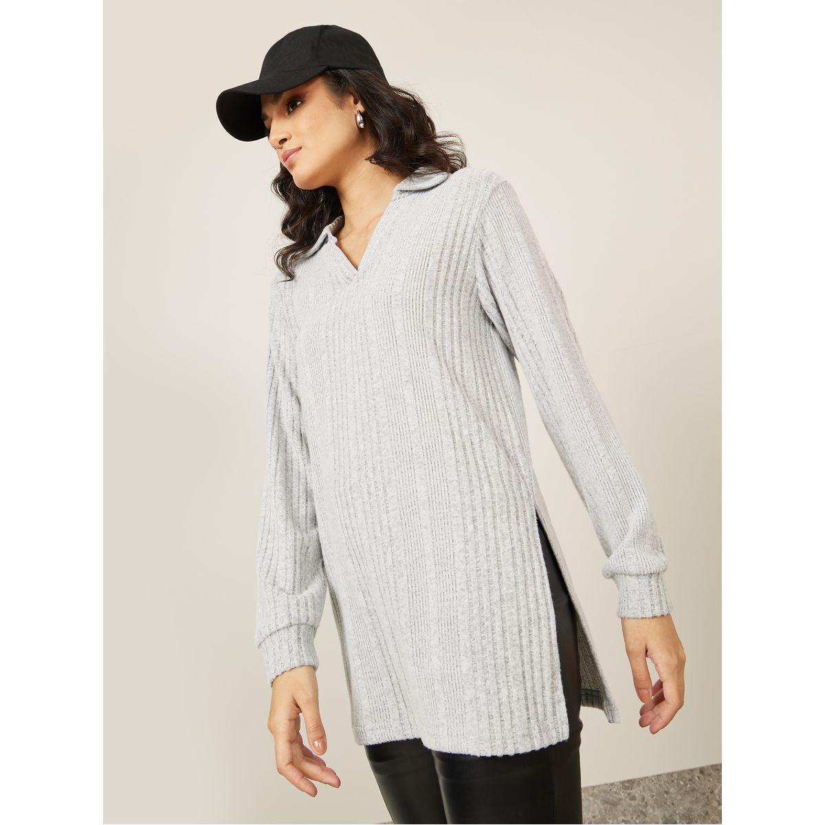 Styli Oversized Brushed Rib Collared Neck Longline Polo T-Shirt-women-clothing-tshirts-image-3