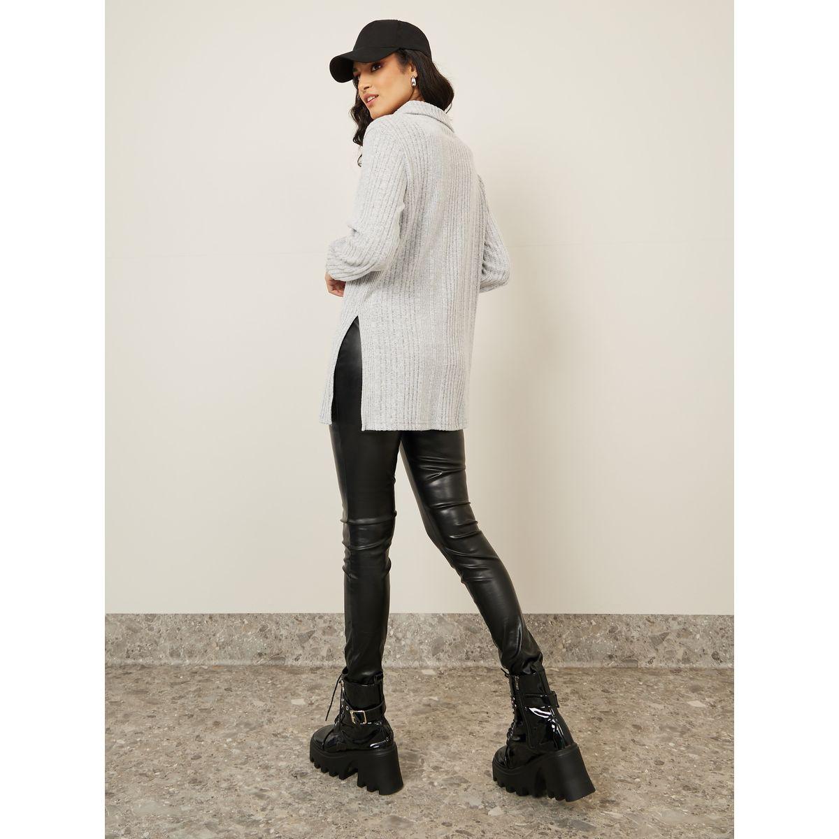 Styli Oversized Brushed Rib Collared Neck Longline Polo T-Shirt-women-clothing-tshirts-image-5