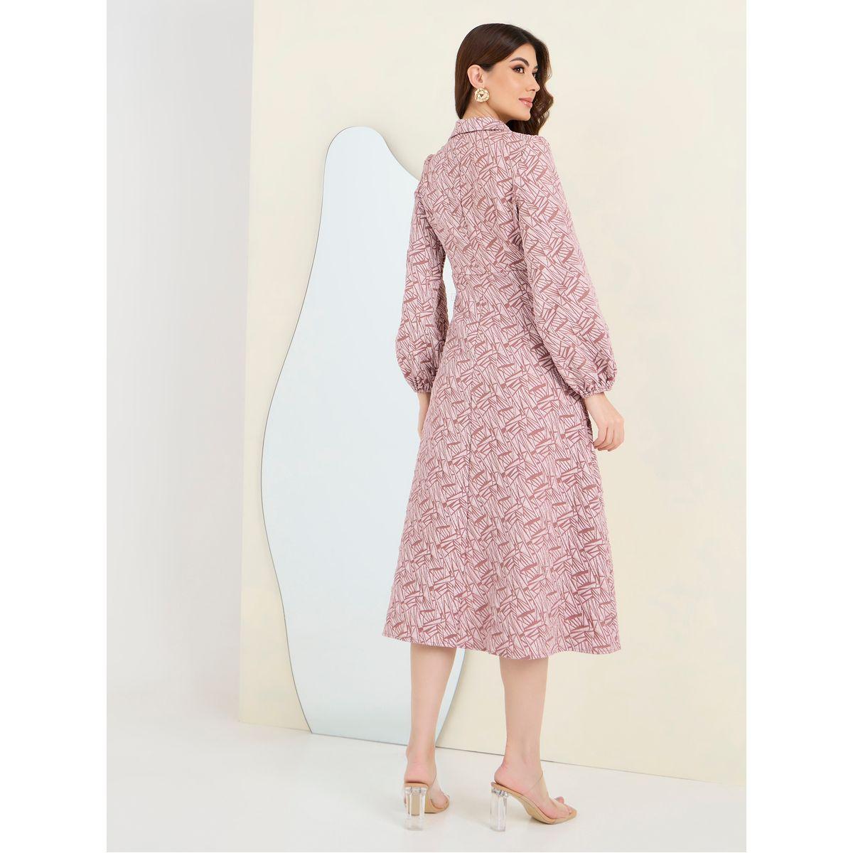 Styli Jacquard A-Line Midi Dress with Volume Sleeve-women-clothing-dresses-image-4