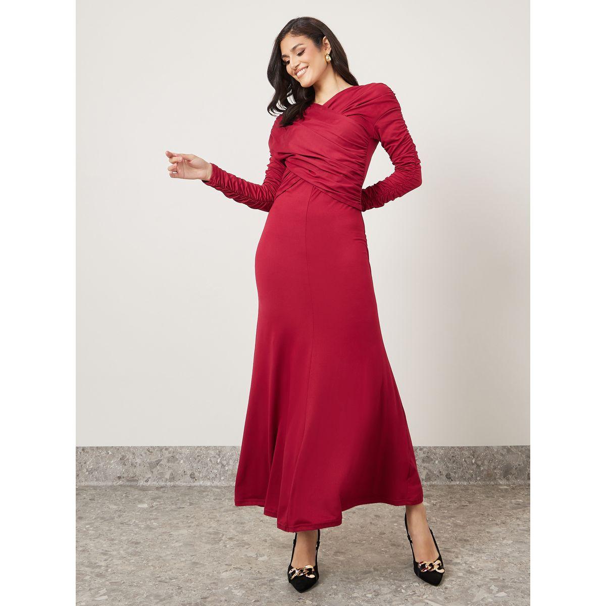 Styli Ruched Sleeve Gathered Front A-Line Maxi Dress-women-clothing-dresses-image-1