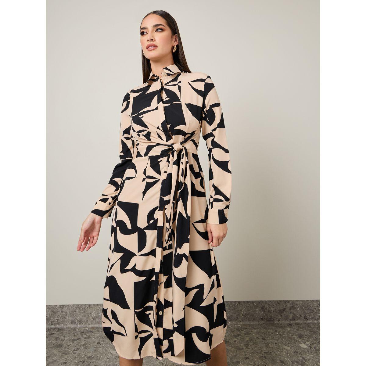 Styli Abstract Print Shirt Midi Dress with Tie Front-women-clothing-dresses-image-2