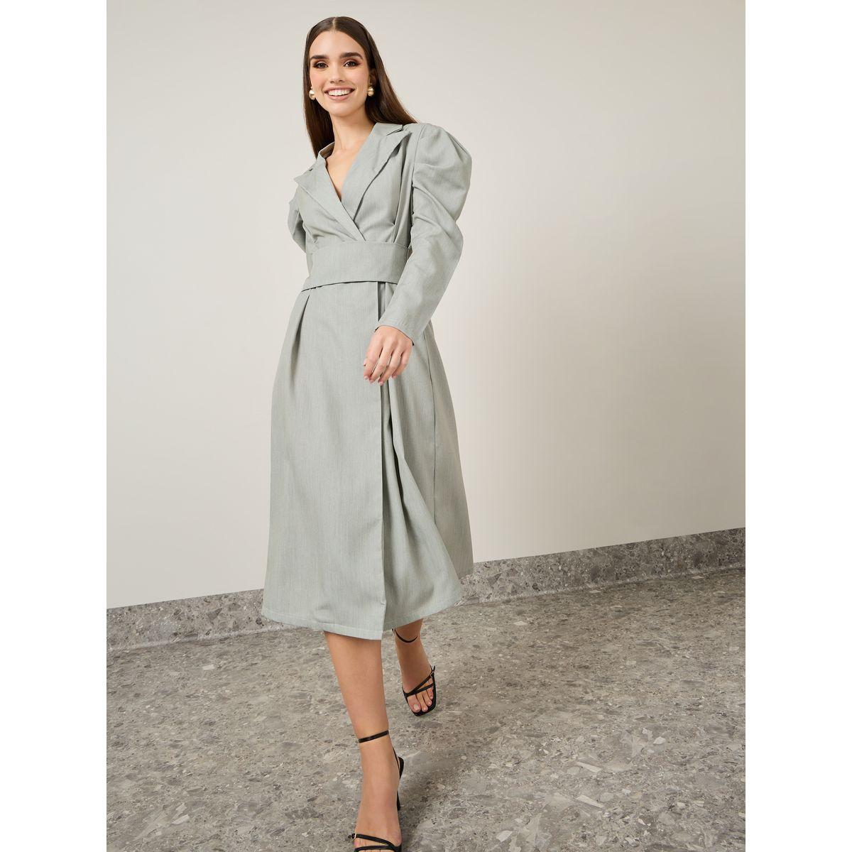Styli Collared Volume Sleeve A-Line Midi Dress-women-clothing-dresses-image-1