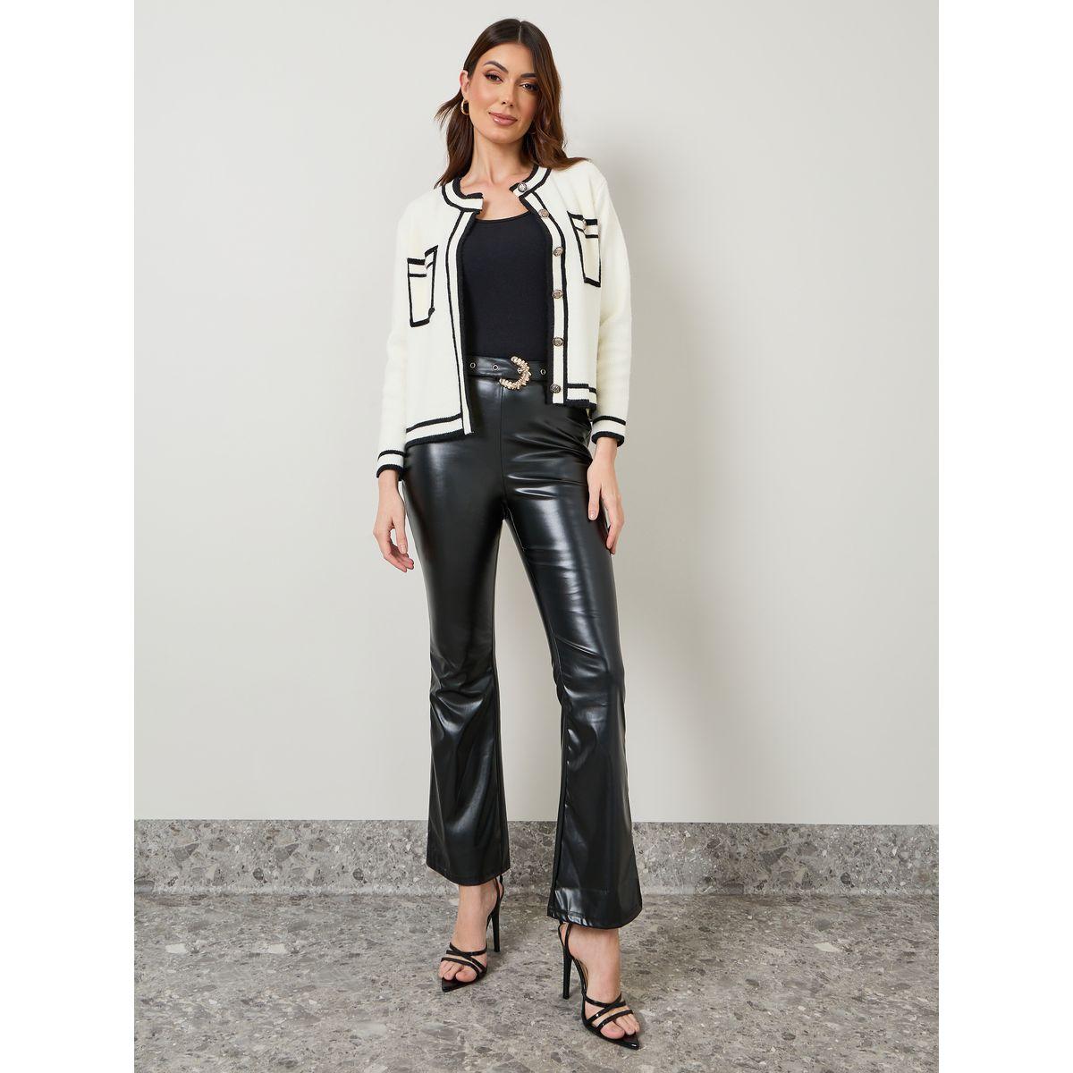 Styli Flared Fitted Leather Look Pants With Embellished Belt-women-clothing-bottoms-trousers-image-2