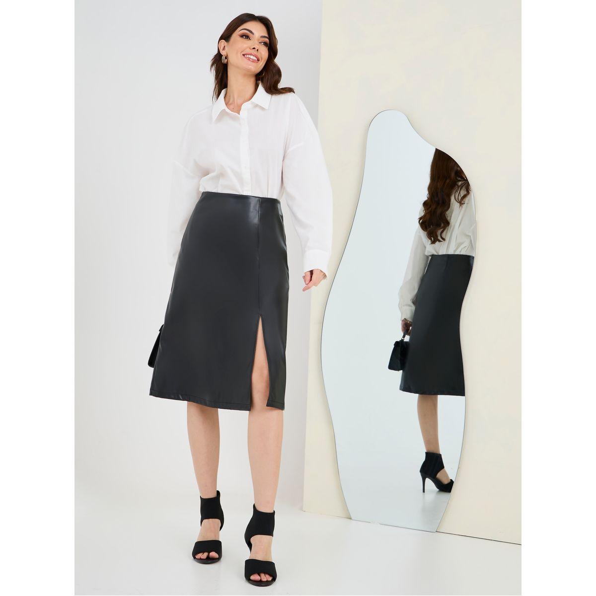 Styli Leather Look Mid Skirt with Split Hem-women-clothing-bottoms-skirts-image-2