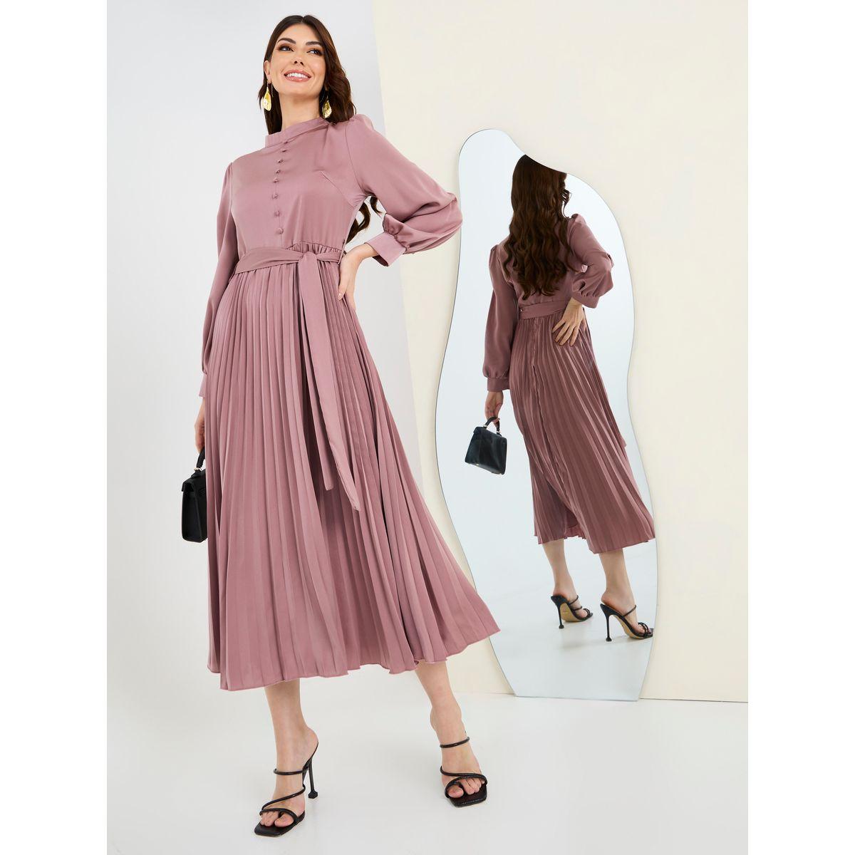 فستان ميدي بكسرات وياقة عالية-women-clothing-dresses-image-1