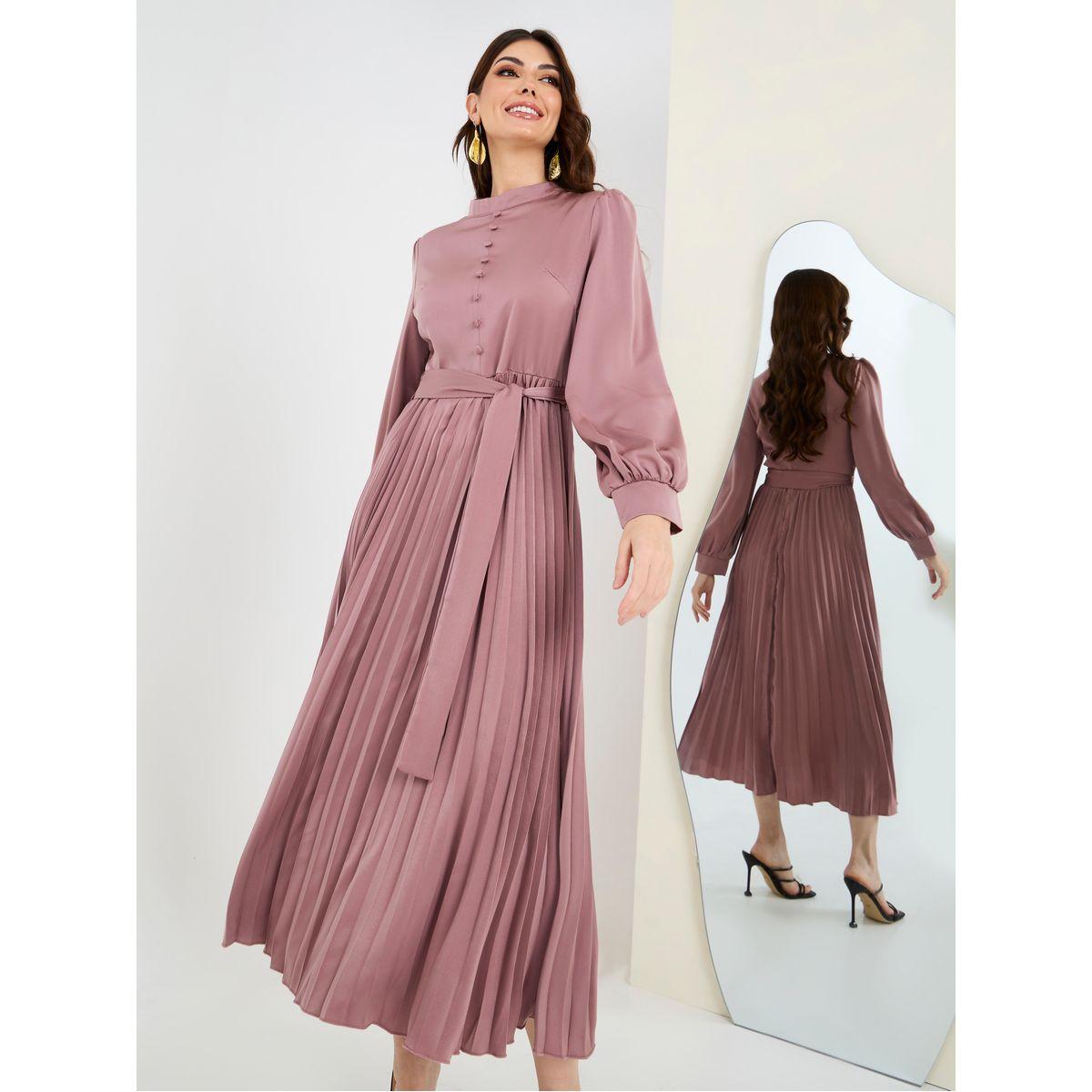 Styli High Neck Pleated A-Line Midi Dress-women-clothing-dresses-image-2