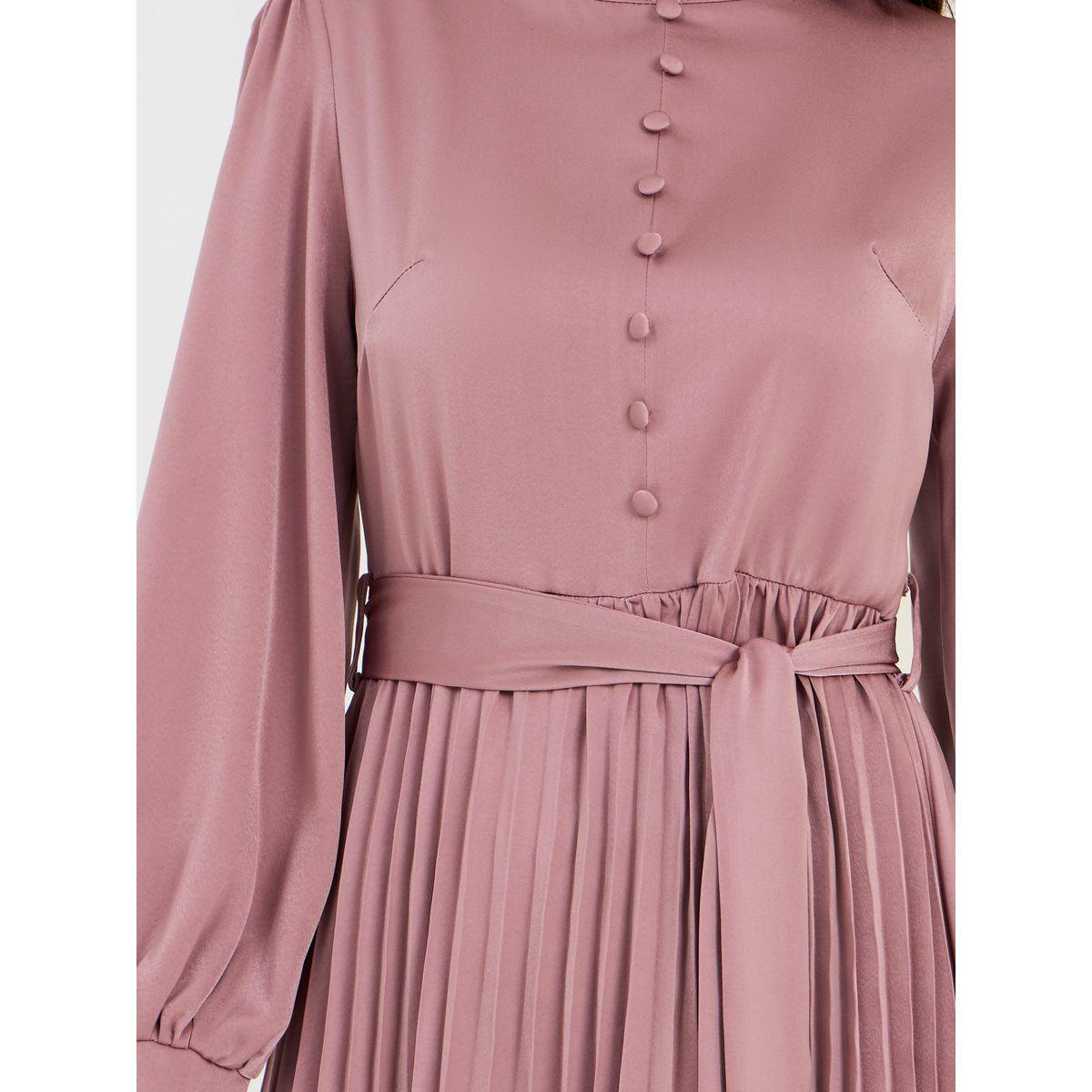 فستان ميدي بكسرات وياقة عالية-women-clothing-dresses-image-3
