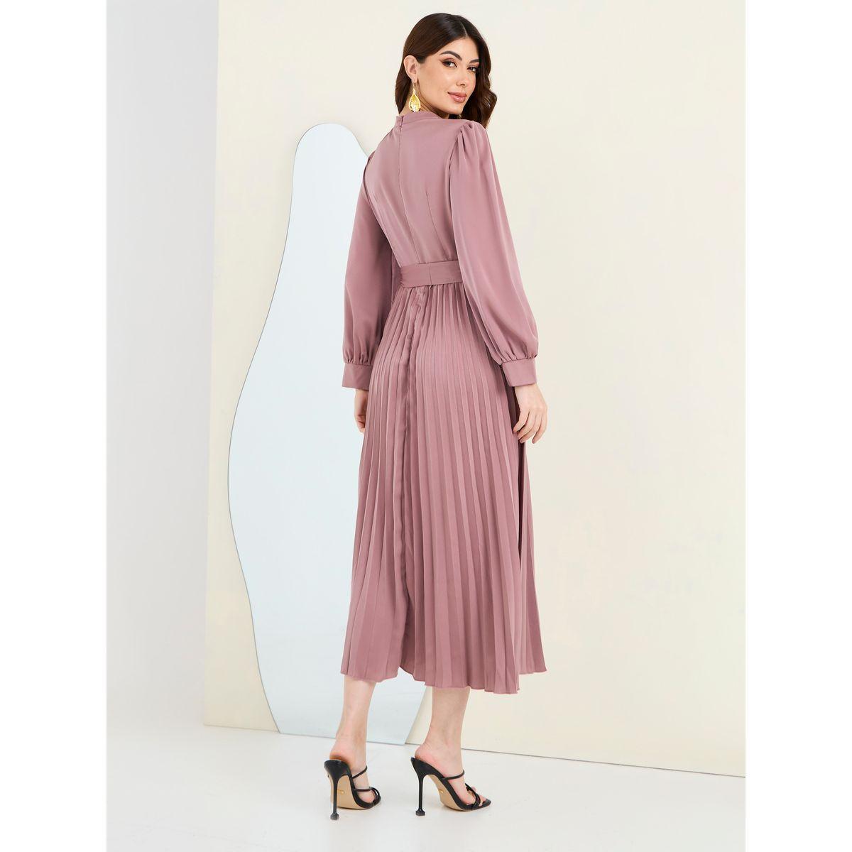 فستان ميدي بكسرات وياقة عالية-women-clothing-dresses-image-4