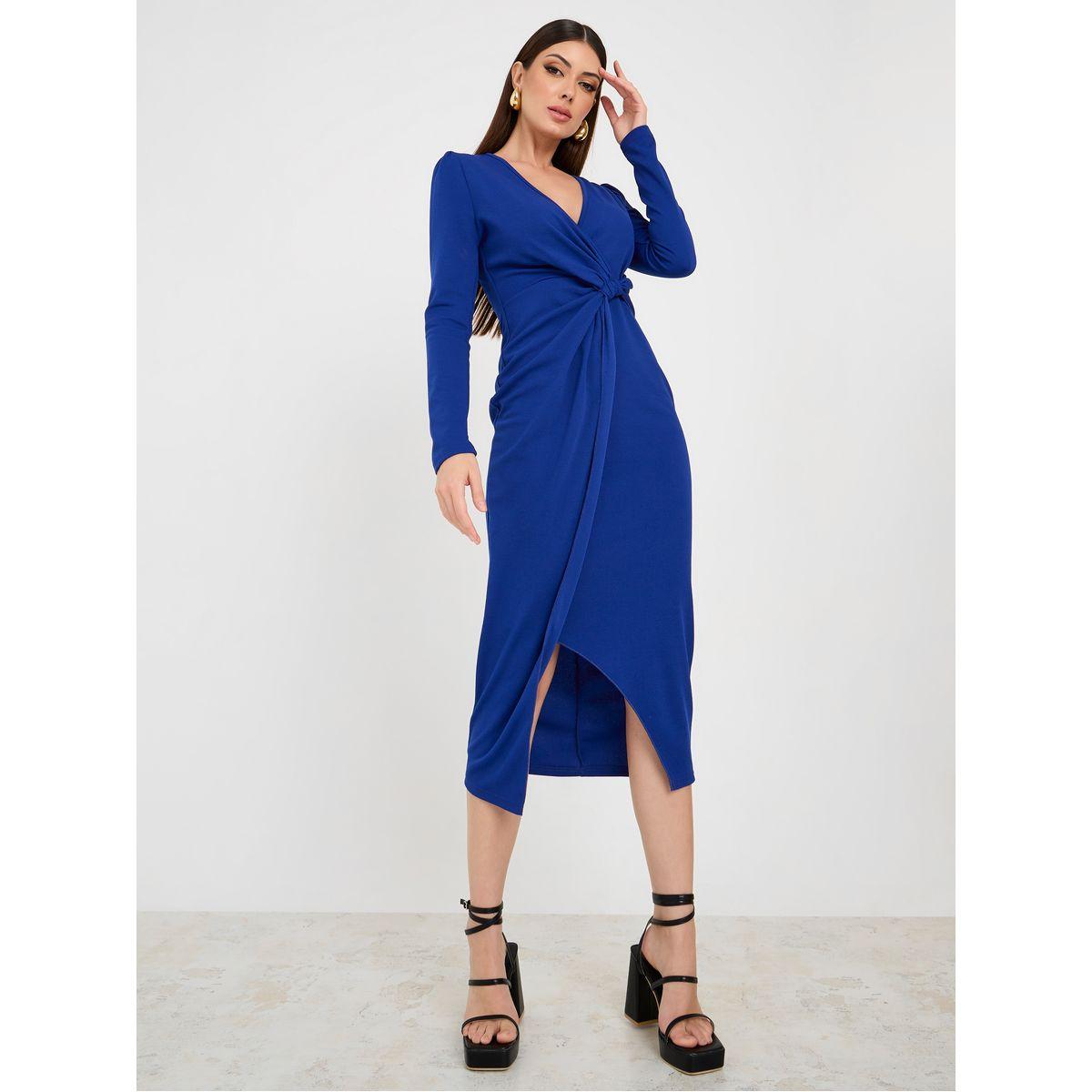 Styli Knotted Wrap Front Bodycon Midi Dress-women-clothing-dresses-image-1