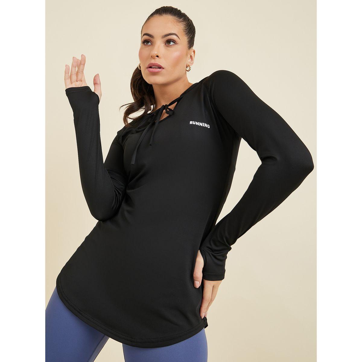 Styli Active Running Text Thumbhole Detail Longline Hooded Top-sports-women-clothing-tshirtsandvests-image-5