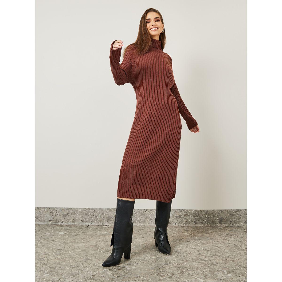 فستان ميدي محبوك بياقة عالية-women-clothing-dresses-image-1