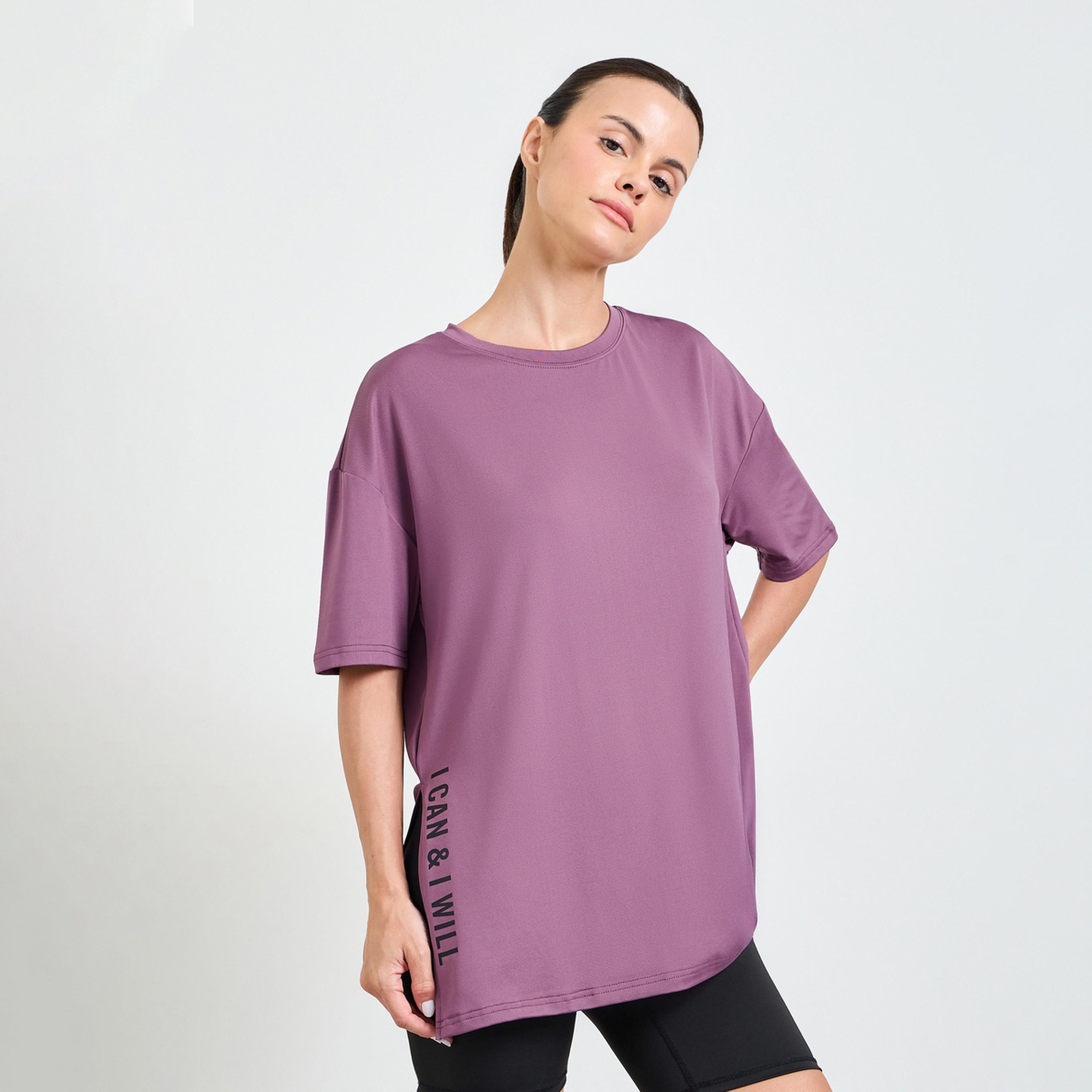 Styli Pink Slogan Side Slit Detail Loose Yoga Fit Top-sports-women-clothing-tshirtsandvests-image-1