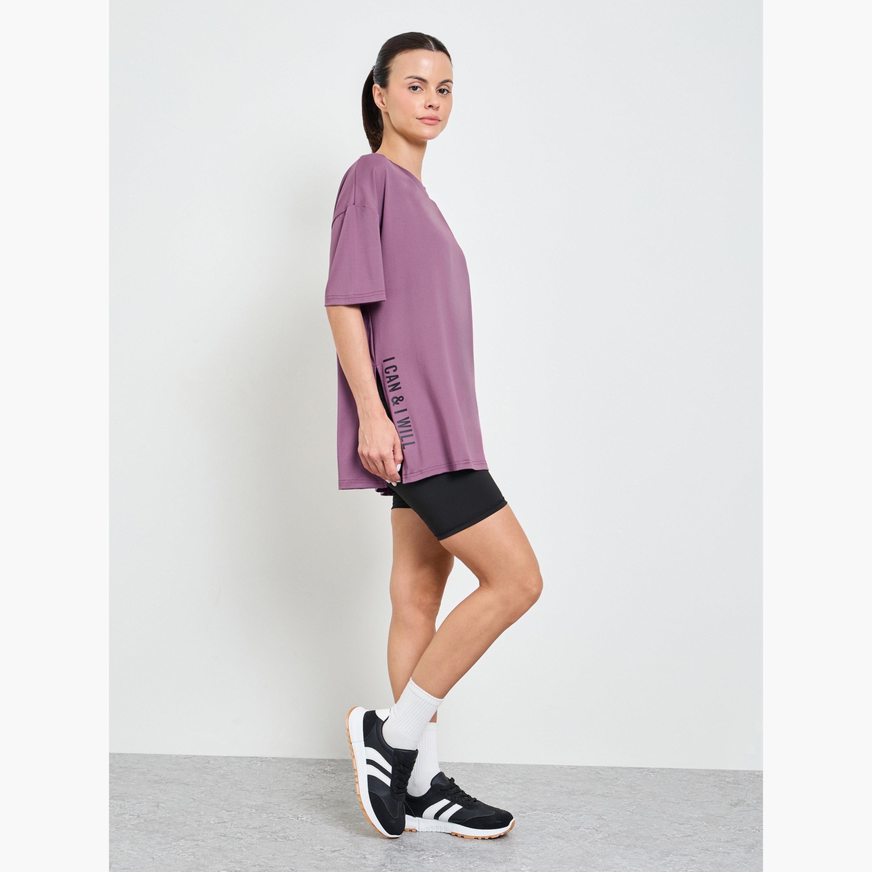 Styli Pink Slogan Side Slit Detail Loose Yoga Fit Top-sports-women-clothing-tshirtsandvests-image-2