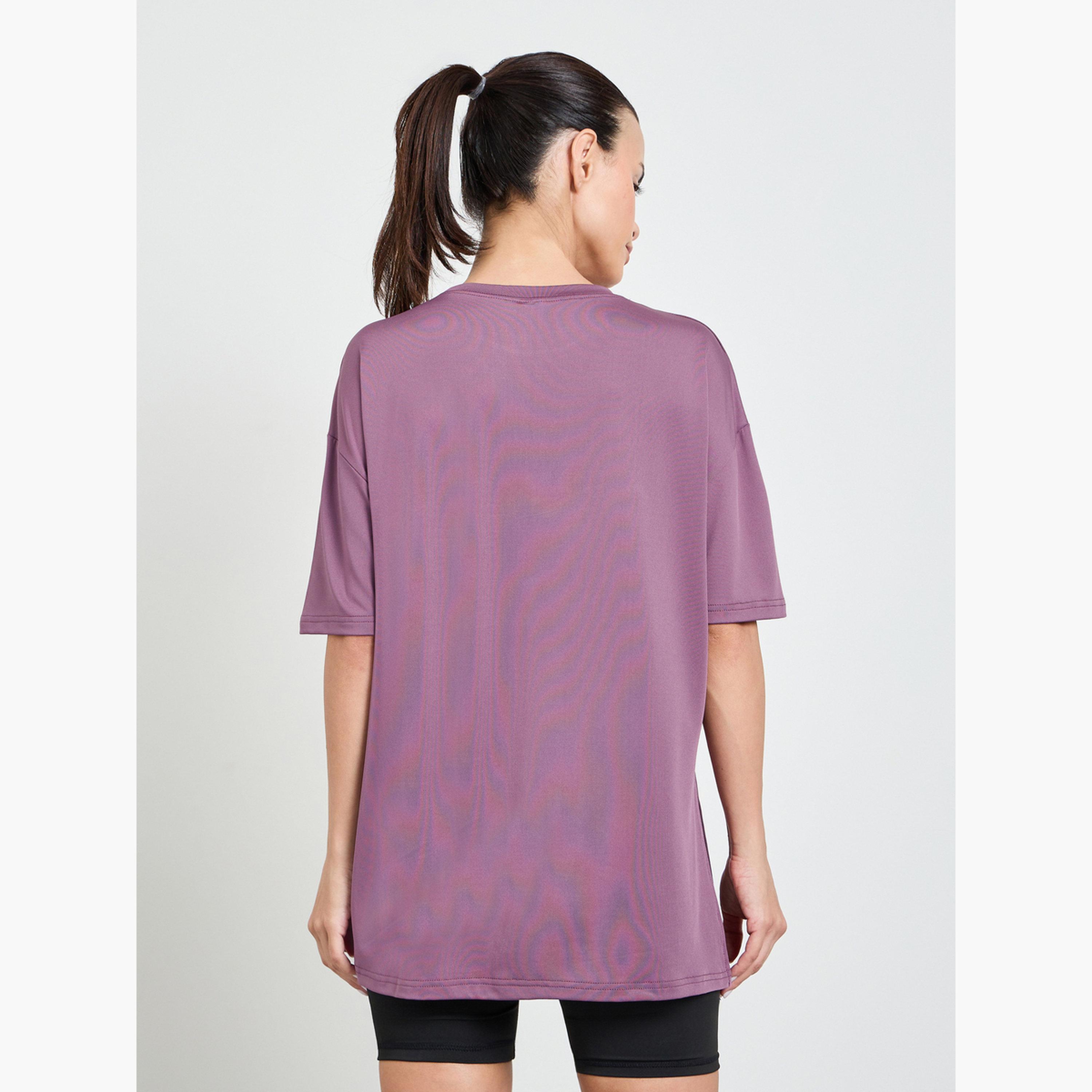 Styli Pink Slogan Side Slit Detail Loose Yoga Fit Top-sports-women-clothing-tshirtsandvests-image-3