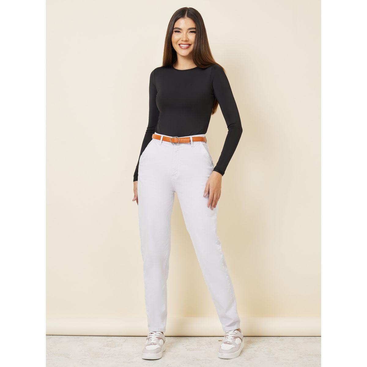 Styli Solid Mom Fit Jeans with Belt-women-clothing-bottoms-jeans-image-2