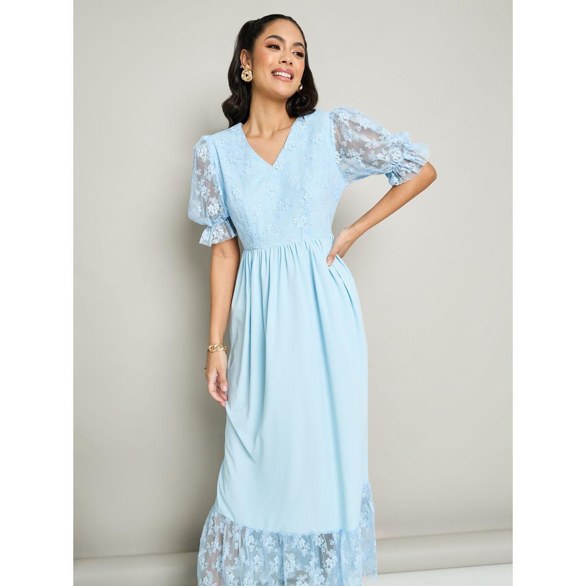 Styli Lace Contrast Puff Sleeve A-Line Maxi Dress-women-clothing-dresses-image-2