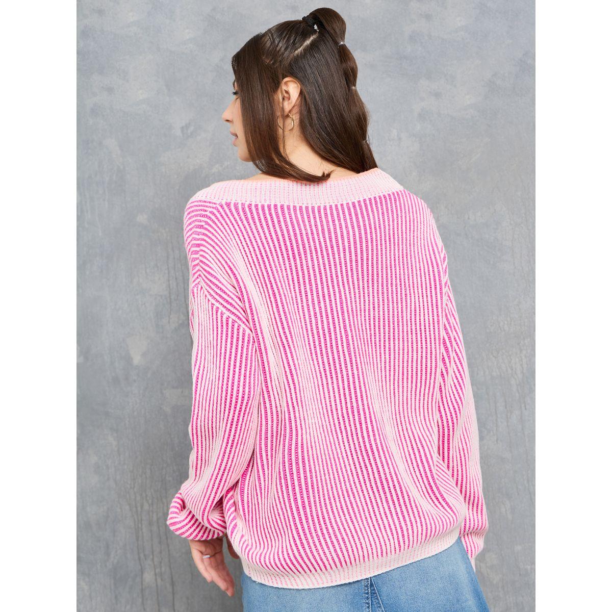 Styli Stripe Pattern Drop Shoulder Oversized Sweater-women-winterwear-cardigansandjumpers-cardigans-image-4