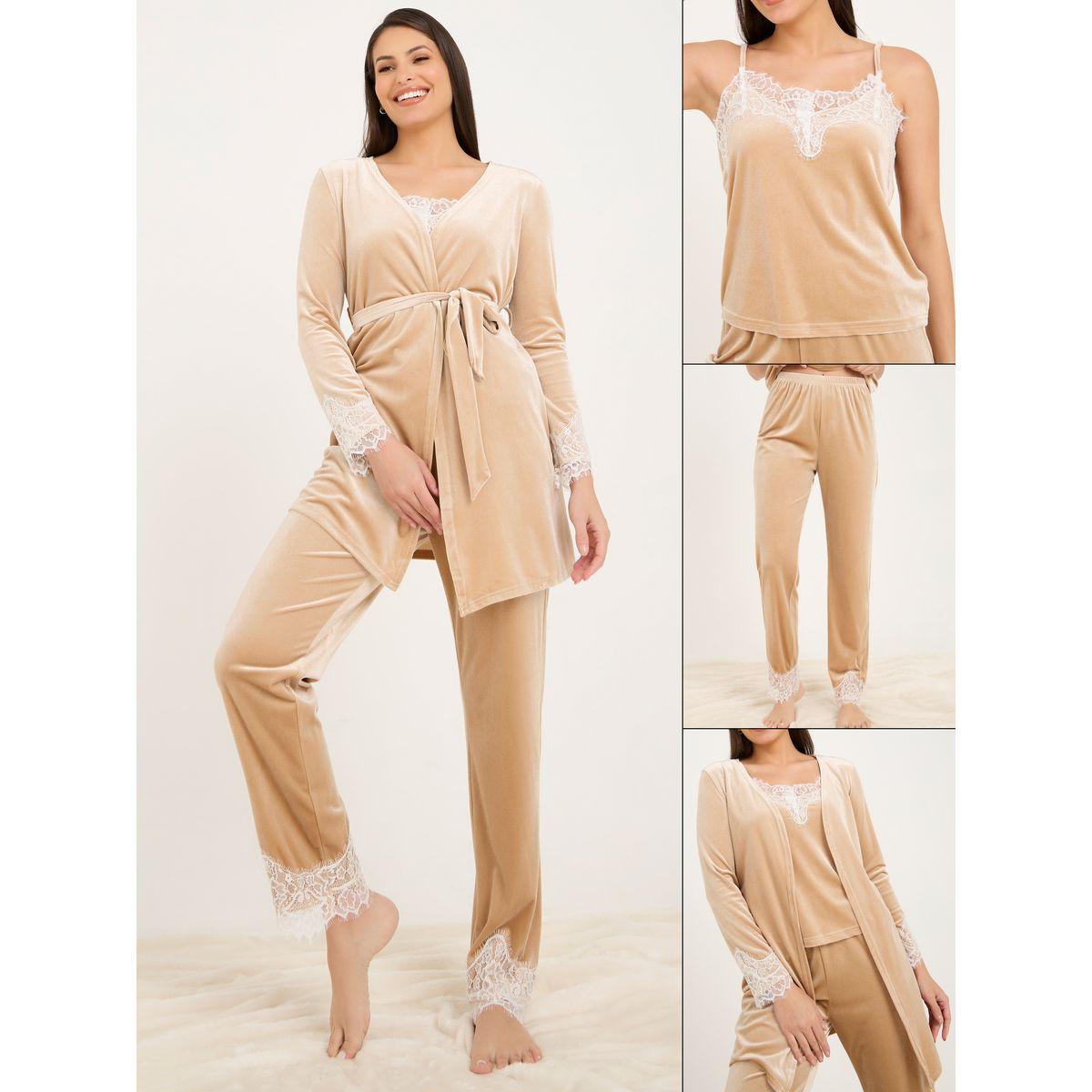 Styli Unwind Pack of 3 - Scallop Eyelash Lace Velvet Cami, Pyjama & Robe-women-clothing-nightwear-pyjamas-longsets-image-1