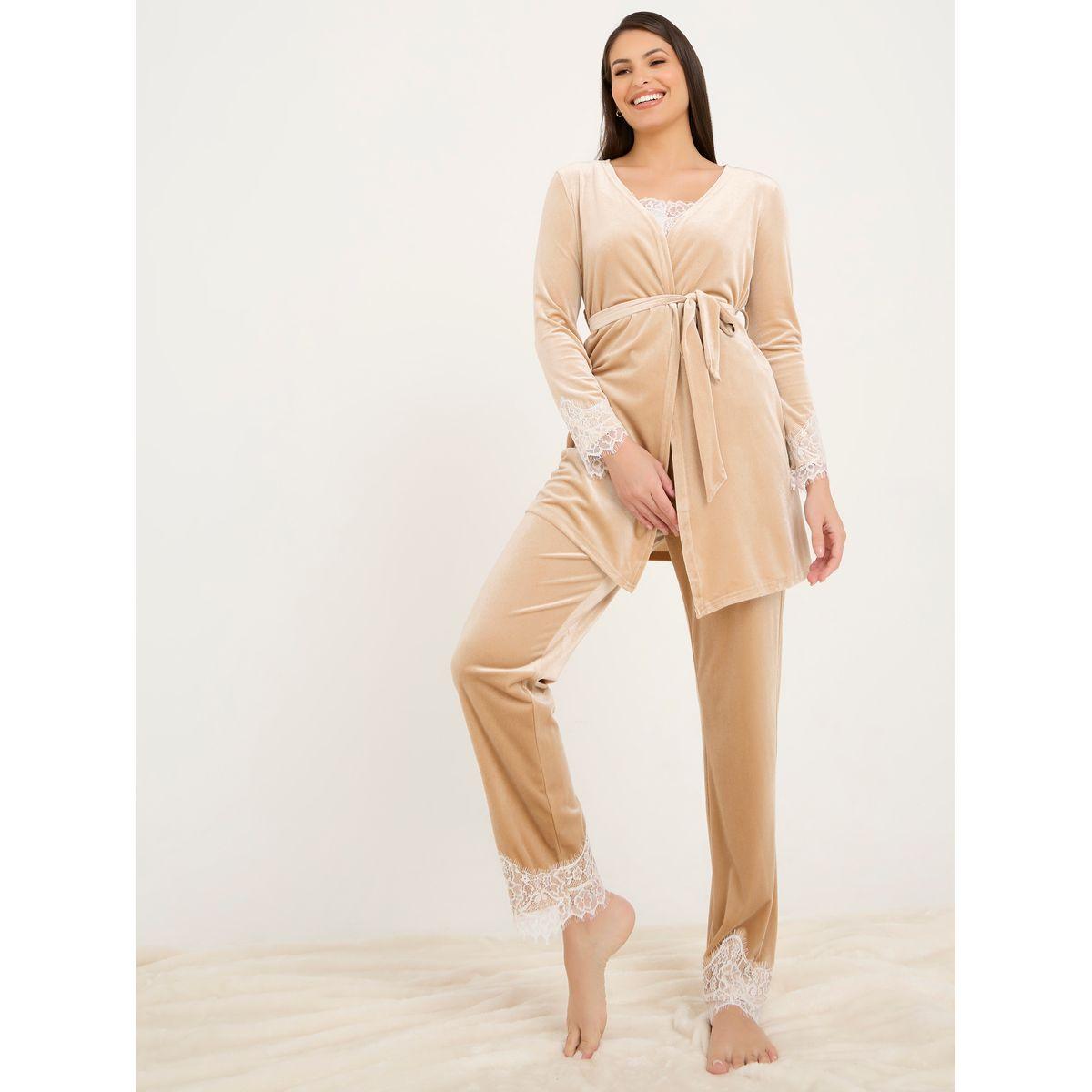 Styli Unwind Pack of 3 - Scallop Eyelash Lace Velvet Cami, Pyjama & Robe-women-clothing-nightwear-pyjamas-longsets-image-2