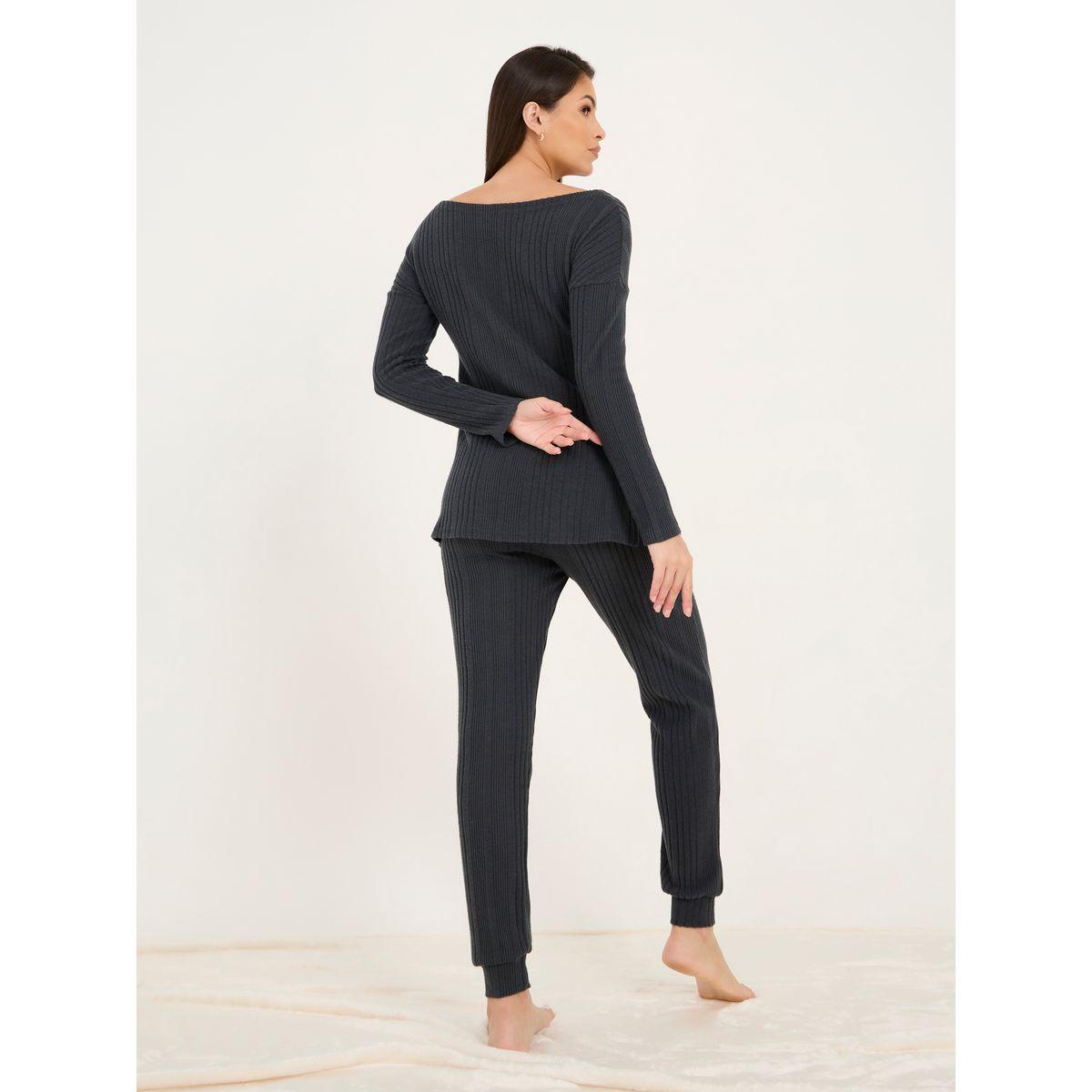Styli Unwind Side Slit Ribbed Longline Top & Jogger Lounge Set-women-clothing-coordsets-image-5