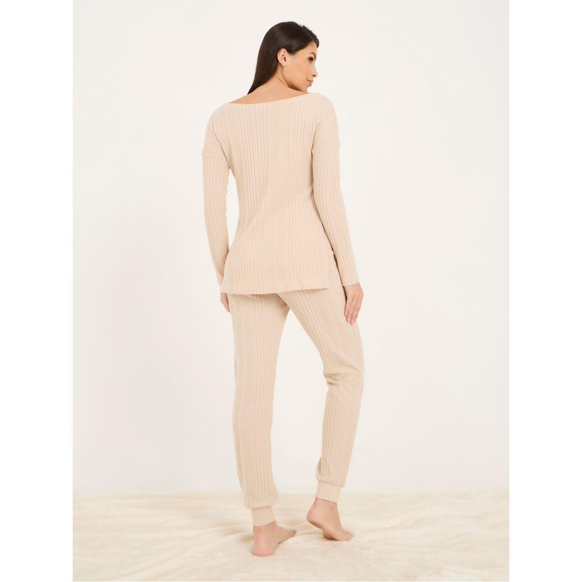 Styli Unwind Side Slit Ribbed Longline Top & Jogger Lounge Set-women-clothing-coordsets-image-5