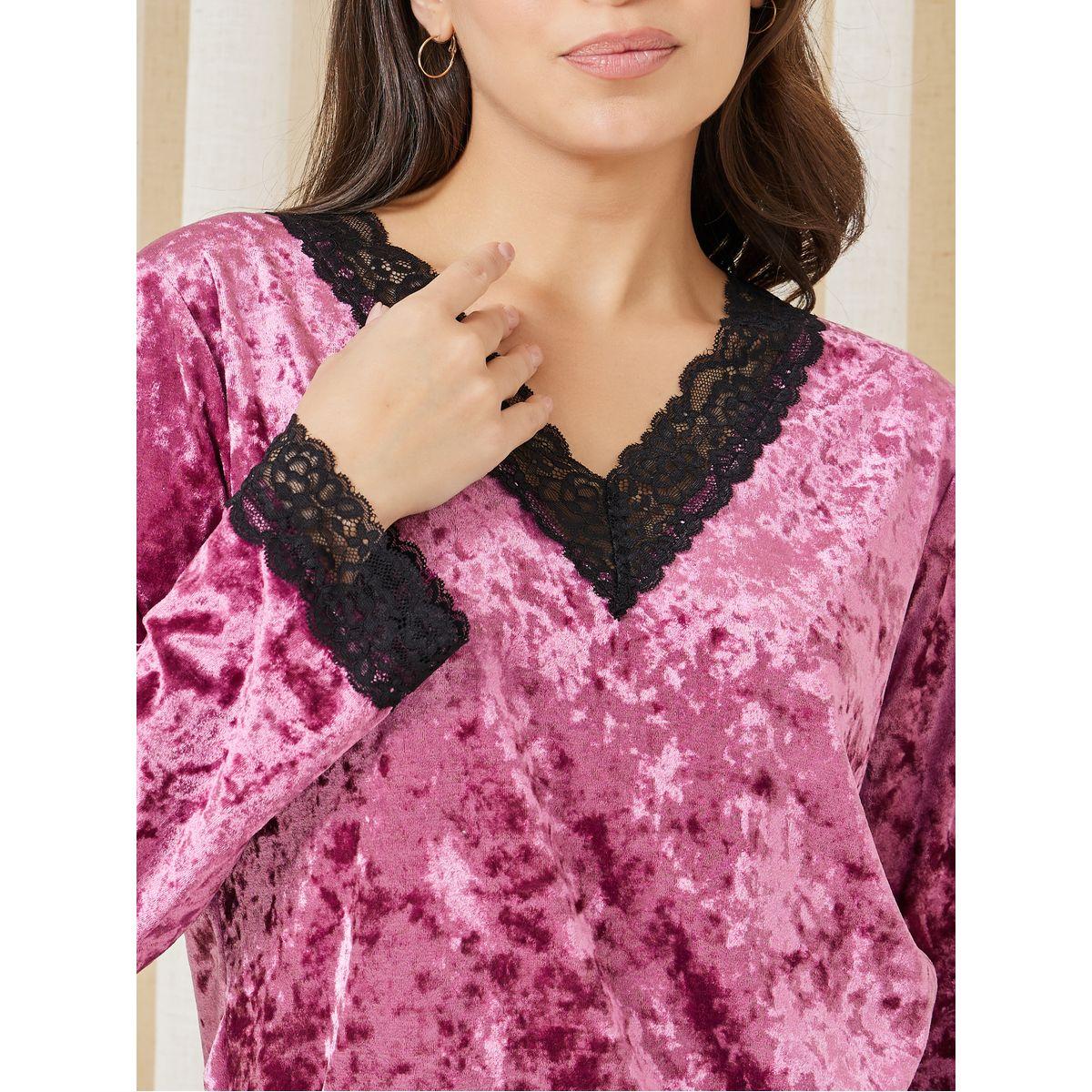 Styli Unwind Crushed Velvet Lace Trim V Neck Top & Pyjama Set-women-clothing-nightwear-pyjamas-longsets-image-4