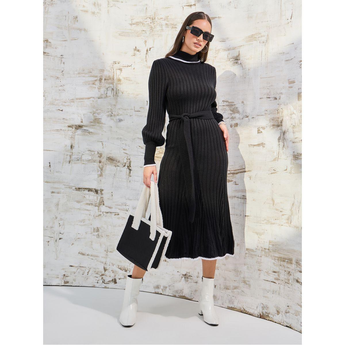 Styli Limited Flared Knit Sweater Midi Dress With Belt-women-clothing-dresses-image-1