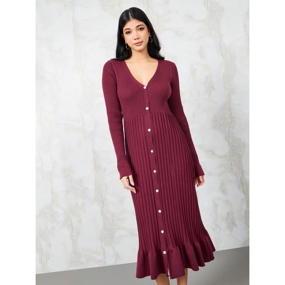 Styli Textured Knit Buttoned Front Sweater Midi Dress-women-clothing-dresses-image-1