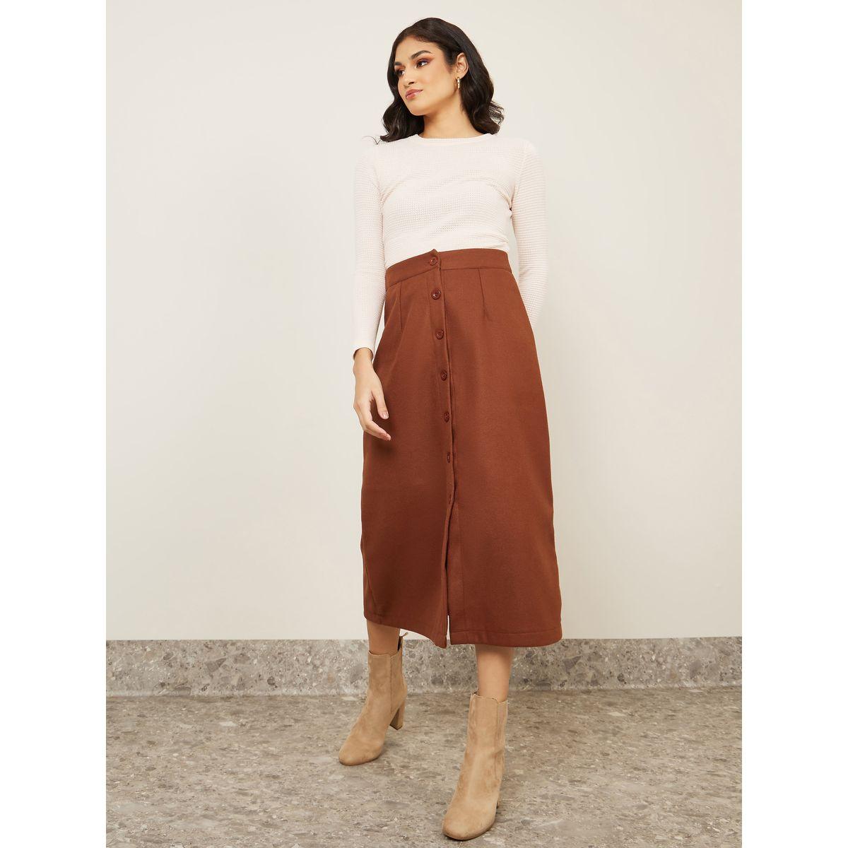Styli Wool Like Midi Skirt with Front Button-women-clothing-bottoms-skirts-image-1