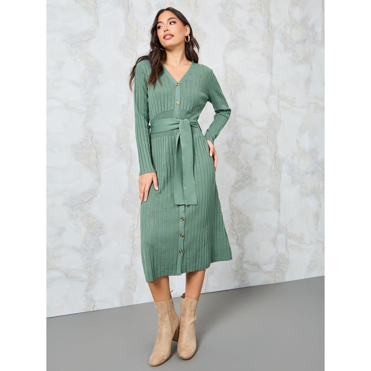 Styli Ribbed Buttoned Midi Dress with Tie Belt-women-clothing-dresses-image-1