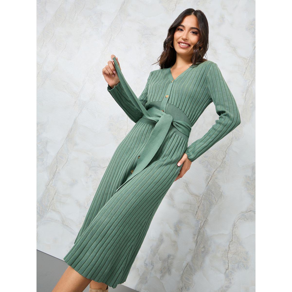 Styli Ribbed Buttoned Midi Dress with Tie Belt-women-clothing-dresses-image-2