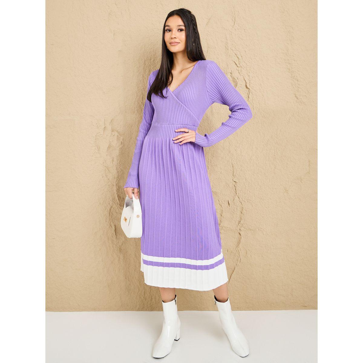 Styli Striped Hem Textured Knit Sweater Midi Dress-women-clothing-dresses-image-1