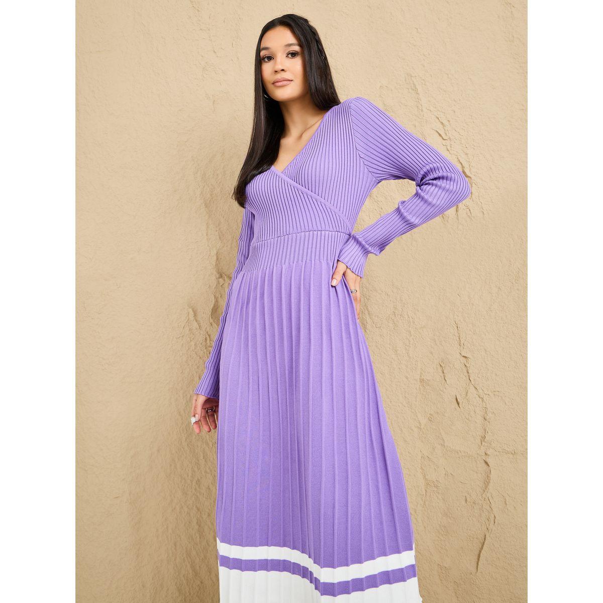 Styli Striped Hem Textured Knit Sweater Midi Dress-women-clothing-dresses-image-2