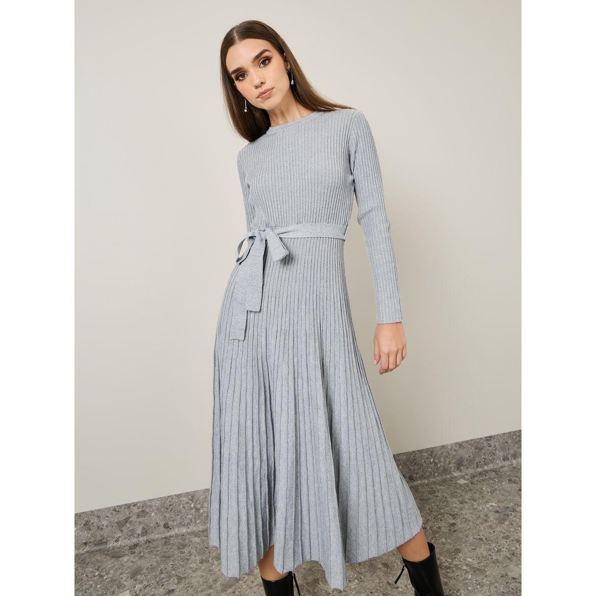 Styli Solid Belted Pleated A-Line Midi Dress-women-clothing-dresses-image-2