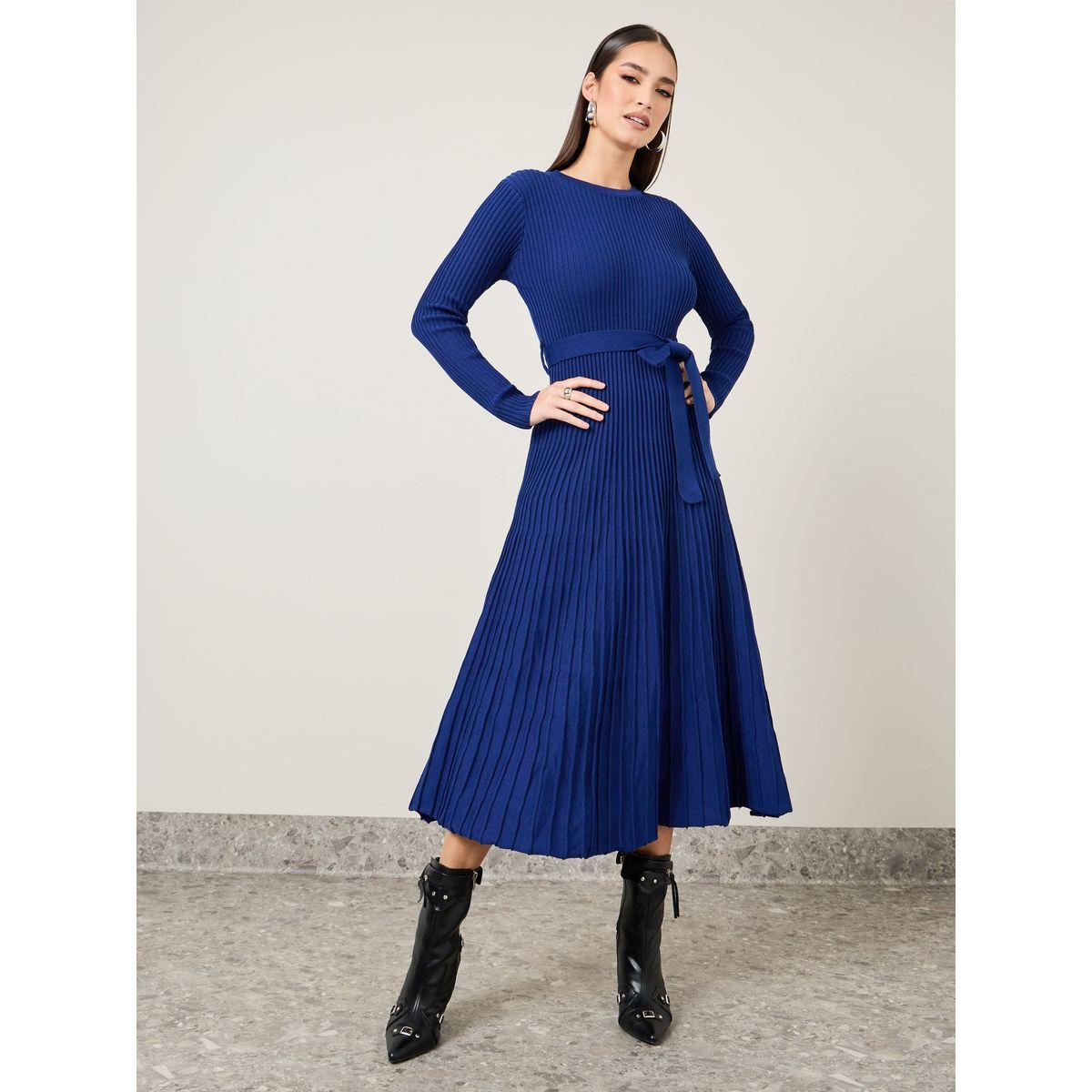 فستان ميدي سادة بحزام خصر-women-clothing-dresses-image-1