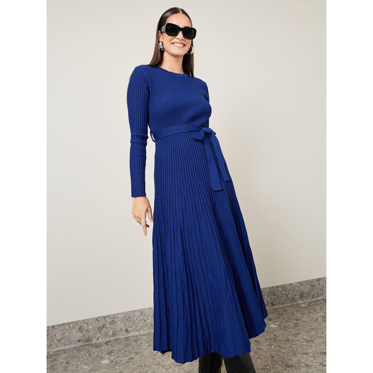 Styli Solid Belted Pleated A-Line Midi Dress-women-clothing-dresses-image-2