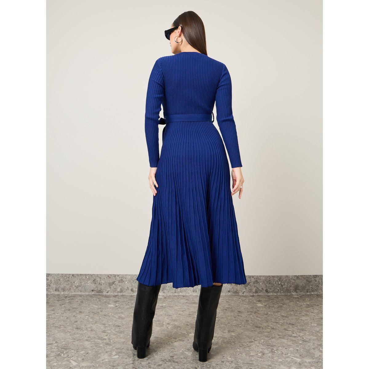 Styli Solid Belted Pleated A-Line Midi Dress-women-clothing-dresses-image-4